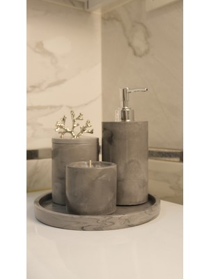 Bee Candle Home Gri Mermer Desenli 5’li Banyo Seti - Gümüş Renk Pompa ve Toka