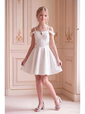 Butik Happy Kids Kız Çocuk  Abiye Krem Elbise Kısa Krep Elbise Omuz Detaylı Şık Abiye Elbise 10-15 Yaş