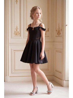 Butik Happy Kids Kız Çocuk Siyah Abiye Elbise Kısa Krep Elbise Omuz Detaylı Şık Abiye Elbise 10-15 Yaş