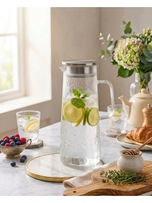 Veyla Style Isıya Dayanıklı Vakumlu Çelik Kapaklı Borosilikat Cam Sürahi 1,3 Lt