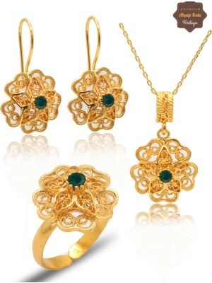 Midyat Nurtaş Gümüş Zümrüt Taşlı Gül Model Kadın Gold Kaplama 925 Ayar Gümüş Telkari Üçlü Set 201025480