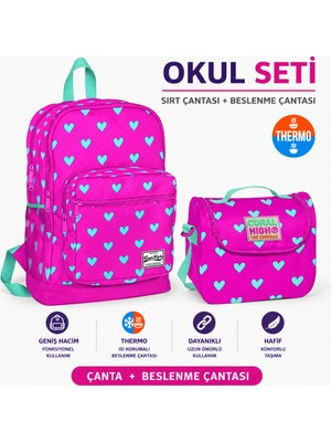 Coral High Coral Hıgh Sırt Çantası 23113+ Pembe Su Yeşili Kalp Desenli Thermo Beslenme Çantası 11806
