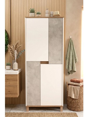 Yurudesign Nord Çok Amaçlı Dolap Mutfak Kiler Erzak Banyo Dolabı 175CM Sepet-Beyaz-Taş ND15-SW
