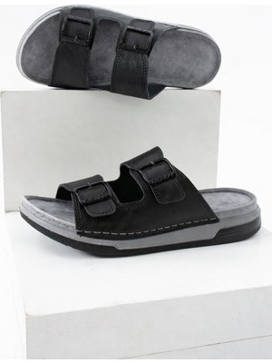 Adımist Erkek Deri(Suni) Ortopedik Çift Monta Taban Ayarlı Dikişli Şık Ev Dışarı Terliği