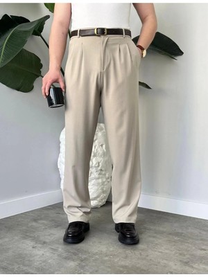 Modamesto Erkek Bej Baggy Fit Rahat Kesim Pileli Kumaş Pantolon