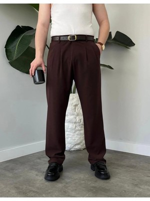 Ser Joven Erkek Kahverengi Baggy Fit Rahat Kesim Pileli Kumaş Pantolon