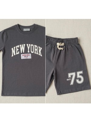 Lucco New York Yazı Baskılı Şort Tshırt Ikili Takım