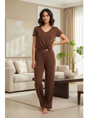 MTM My The Mall Kadın Kahve Yumuşak Dokulu Minimal V Yaka Üst Basic Günlük Şık Bluz