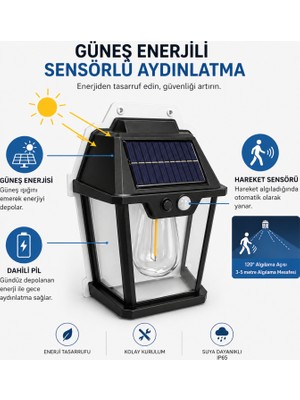 Badem10 (1 Adet) GS875 Sarı Ampullü Güneş Enerjili Sensörlü Aplik Duvar Bahçe Çardak Aydınlatması 5W