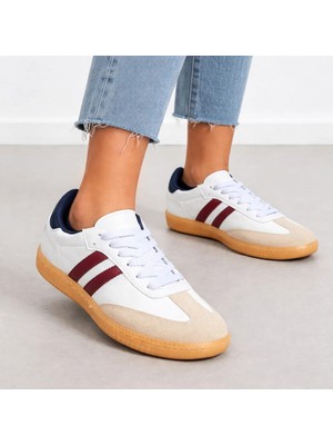 Bitacir Kadın Spor Ayakkabı Beyaz Sneaker Bordo Çizgili Günlük Rahat Kaymaz Taban Bağcıklı