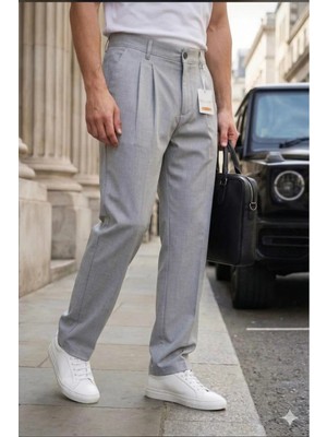 Modamesto Erkek Açık Gri Baggy Fit Rahat Kesim Pileli Kumaş Pantolon
