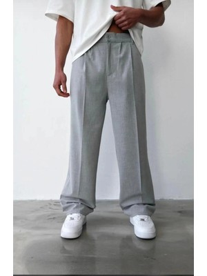 Modamesto Erkek Açık Gri Baggy Fit Rahat Kesim Pileli Kumaş Pantolon