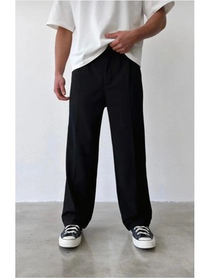 Modamesto Erkek Siyah Baggy Fit Rahat Kesim Pileli Kumaş Pantolon