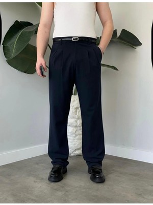Modamesto Erkek Lacivert Baggy Fit Rahat Kesim Pileli Kumaş Pantolon
