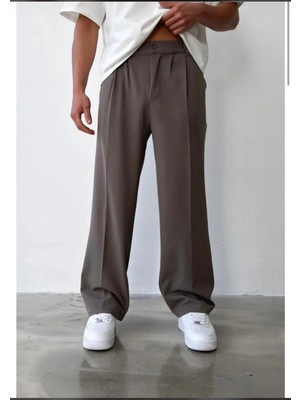 Modamesto Erkek Vizon Baggy Fit Rahat Kesim Pileli Kumaş Pantolon