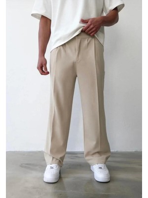 Modamesto Erkek Bej Baggy Fit Rahat Kesim Pileli Kumaş Pantolon