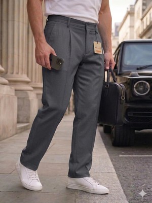 Modamesto Erkek Füme Baggy Fit Rahat Kesim Pileli Kumaş Pantolon