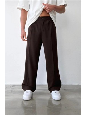 Modamesto Erkek Kahverengi Baggy Fit Rahat Kesim Pileli Kumaş Pantolon