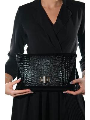 Luvi Maorı Siyah Baskı Rugan Kadın Clutch Çanta