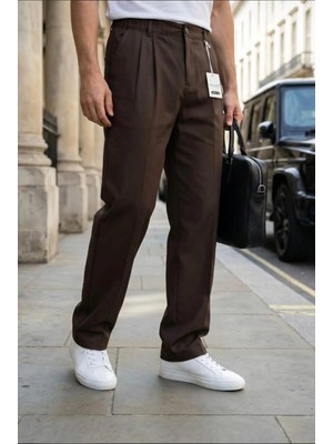 Ser Joven Erkek Kahverengi Baggy Fit Rahat Kesim Pileli Kumaş Pantolon