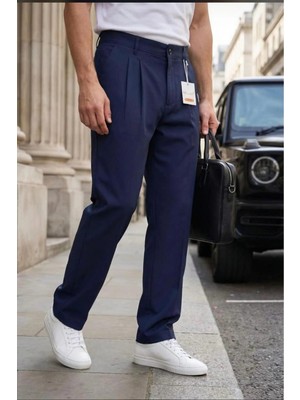 Ser Joven Erkek Lacivert Baggy Fit Rahat Kesim Pileli Kumaş Pantolon