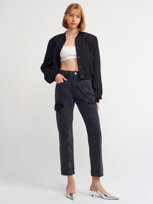 Dilvin 71366 %100 Pamuk Önü Parçalı Kargo Denim Pantolon-Siyah