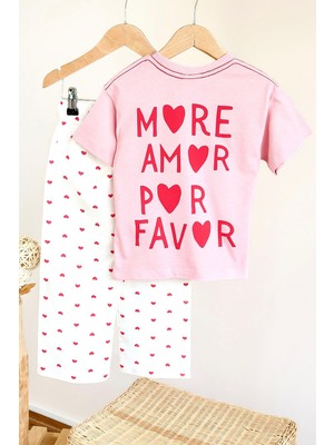 Miniğimin Cicileri More Love Baskılı Kalp Desenli Pantolonlu Kız Çocuk Takım - Pembe