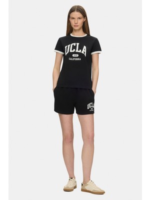 Ucla Lotte Siyah Baskılı Pamuklu Standard Fit Kadın Örme Şort