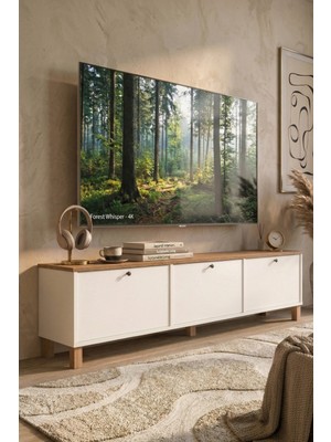 Yurudesign Nord Tv Ünitesi Sehpası 3 Kapaklı Ahşap Ayaklı 180CM Sepet-Beyaz Nd6-Sw