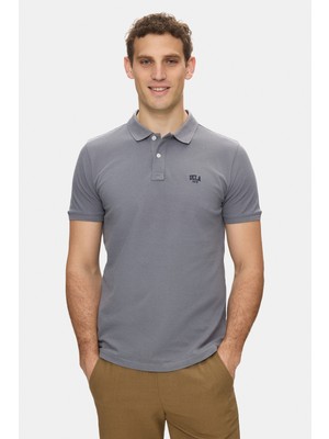 Ucla Lakes Koyu Gri Polo Yaka Nakışlı %100 Pamuk Standard Fit Erkek Tshirt