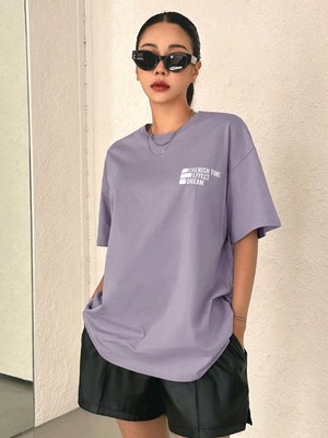 Trendseninle Kadın Lila Bisiklet Yaka Cherish Time Baskılı Oversize T-Shirt