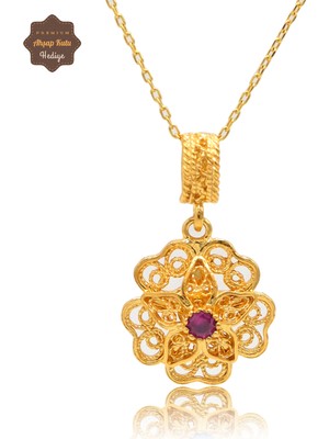 Midyat Nurtaş Gümüş Yakut Taşlı Gül Model Gold Kaplama 925 Ayar Gümüş Telkari Kolye 201025490