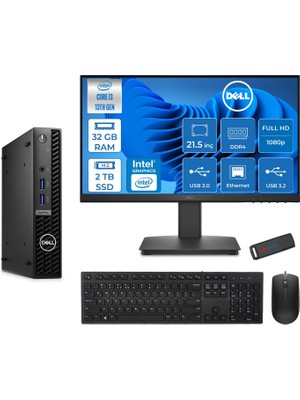 Dell Optiplex 7010MFF Intel Core I3 13100T Mx 4.20GHZ 32GB 2tb SSD UHD Graphics 730 21.5" Mon Freedos Kurumsal Mini Bilgisayar N003O7010TM21F11 + Zettausb