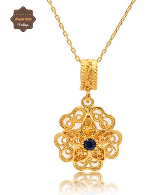 Midyat Nurtaş Gümüş Safir Taşlı Gül Model Gold Kaplama 925 Ayar Gümüş Telkari Kolye 201025488