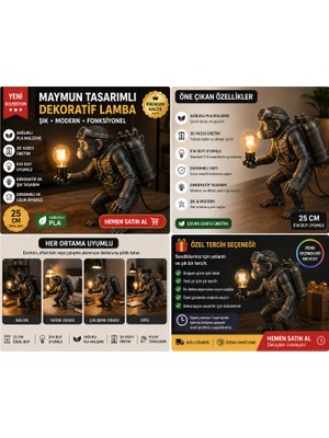 3D Boyuthane 3D Maymun Tasarımlı Dekoratif Lamba – E14 Duy Uyumlu | 25 cm