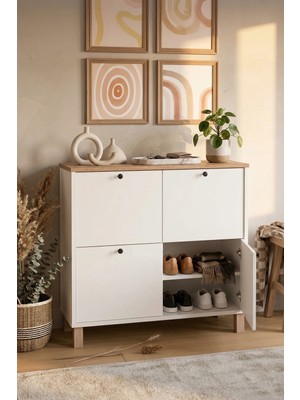 Yurudesign Nord Ayakkabılık Çok Amaçlı Dolap 4 Kapaklı Ahşap Ayaklı Sepet-Beyaz Nd1-Sw
