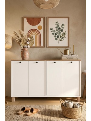 Yurudesign Nord Konsol 4 Kapaklı Ahşap Ayaklı 120CM Sepet-Beyaz Nd2-Sw
