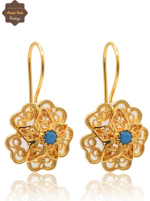 Midyat Nurtaş Gümüş Firuze Taşlı Gül Model Gold Kaplama 925 Ayar Gümüş Telkari Kadın Küpe 201025491
