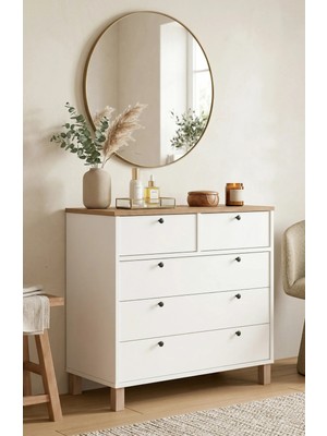 Yurudesign Nord Şifonyer 5 Çekmece Beyaz Suntalam Ahşap Ayaklı 90x36x85 cm Modern Tasarım