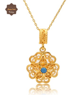 Midyat Nurtaş Gümüş Firuze Taşlı Gül Model Gold Kaplama 925 Ayar Gümüş Telkari Kolye 201025487