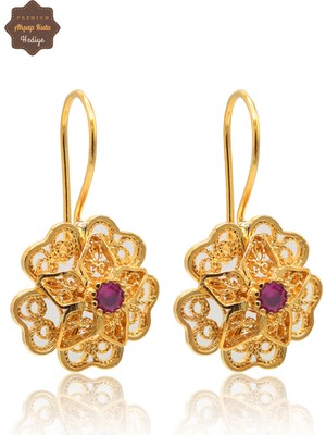 Midyat Nurtaş Gümüş Yakut Taşlı Gül Model Gold Kaplama 925 Ayar Gümüş Telkari Kadın Küpe 201025494