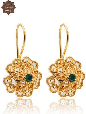 Midyat Nurtaş Gümüş Zümrüt Taşlı Gül Model Gold Kaplama 925 Ayar Gümüş Telkari Kadın Küpe 201025493