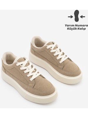 Marjin Kadın Sneaker Bağcıklı Kalın Taban Spor Ayakkabı Domen Bej Süet
