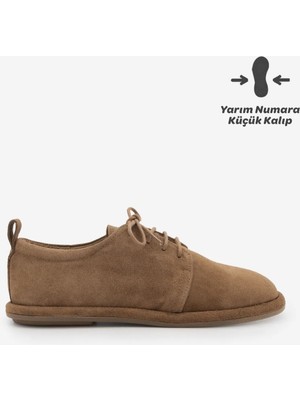 Marjin Kadın Hakiki Deri Kadın Bağcıklı Maskülen Loafer Günlük Oxford Ayakkabı Bemor Taba Süet