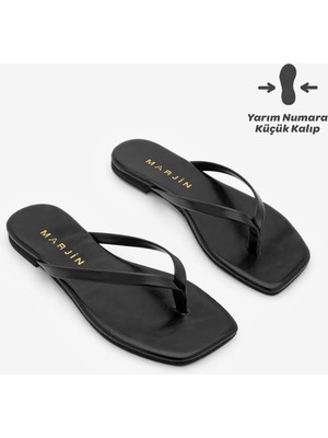 Marjin Kadın Ince Bantlı Parmak Arası Küt Burun Günlük Terlik Nelvin Siyah