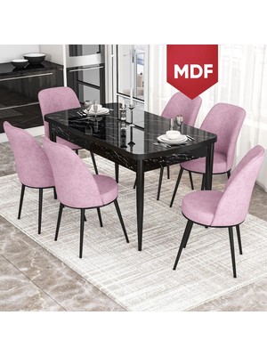 Canisa Concept Via Serisi MDF Açılabilir Mutfak Masa Takımı- Siyah Mermer Desen Masa+6 Adet Sandalye