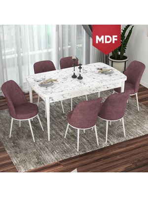 Canisa Concept Via Serisi MDF Beyaz Mermer Desen Açılabilir 80X132 Mutfak Masası Takımı 6 Adet Sandalye