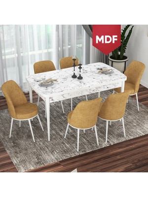 Canisa Concept Via Serisi MDF Beyaz Mermer Desen Açılabilir 80X132 Mutfak Masası Takımı 6 Adet Sandalye