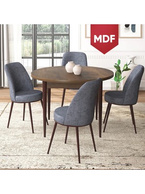 Canisa Concept Tor Serisi MDF Yuvarlak Mutfak Masa Takımı, Barok Ahşap Desen Masa ve 4 Sandalye