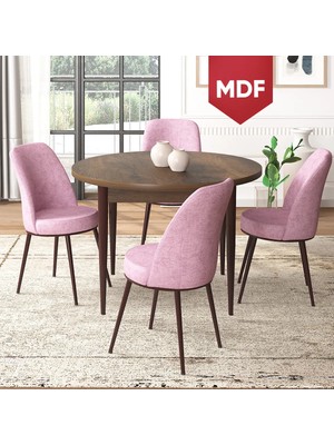 Canisa Concept Tor Serisi MDF Yuvarlak Mutfak Masa Takımı, Barok Ahşap Desen Masa ve 4 Sandalye
